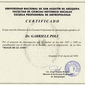 Certificato della collaborazione di Gabriele Poli con la Scuola di Antropologia dell’Università San Agustin di Arequipa, Perù (Per gentile concessione di Gabriele Poli)